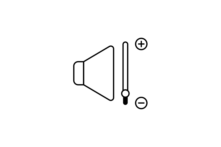 Un mégaphone triangulaire orientée à gauche et une barre à droite avec une ic?ne plus supérieure et une ic?ne moins inférieure pour indiquer le volume faible.