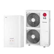 Vue latérale droite de 45?degrés d’une unité intérieure rectangulaire blanche et d’une unité extérieure avec deux ventilateurs ronds, placées c?te à c?te.