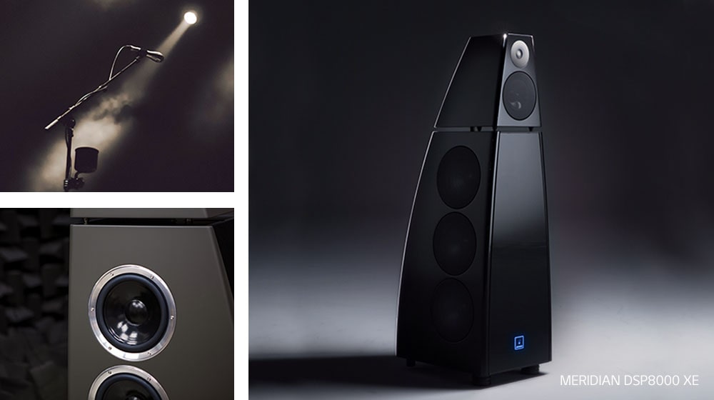 En haut, à gauche : un microphone éclairé par un projecteur. En bas, à gauche : gros plan sur les Haut-parleurs à l’intérieur d’une enceinte. à droite : l’enceinte Meridian DSP8000XE.