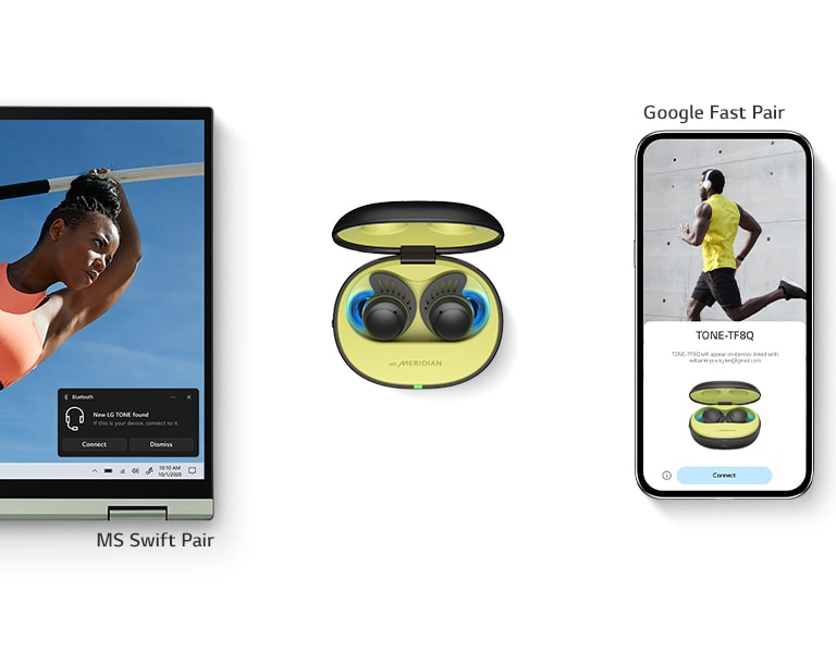 Une vidéo montre les écouteurs TONE Free fit placés au centre, un PC Windows à sa gauche et un appareil Android à sa droite. Le couvercle du bo?tier TONE Free fit s’ouvre, chaque appareil est apparié et une fenêtre pop-up de connexion appara?t.