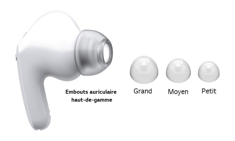 Image des écouteurs blancs et d'un ensemble de 3?tailles de gels auriculaires?: Grand, moyen et petit.