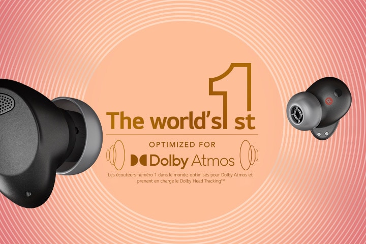 Les écouteurs T90S noirs sont en suspension dans l’espace infini. à gauche, une vue avant de l’écouteur gauche. à droite, l’écouteur droit. Au centre, le logo écouteurs Dolby Atmos, et les graphismes sonores placés juste à c?té.