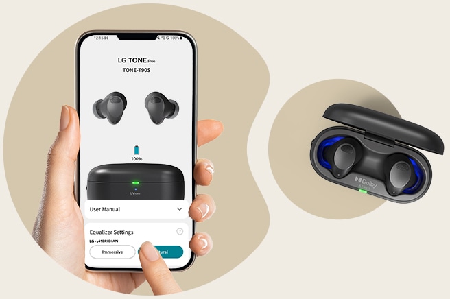 Une image de l'application TONE Free. La vue du dessus du T90S est placée juste à c?té. 