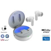Une lumière est émise par le bo?tier tandis que les écouteurs sont en l’air, le couvercle s’ouvre. Le logo de connexion sans fil appara?t sur la gauche, les logos UVnano et Dolby Atmos sur la droite.