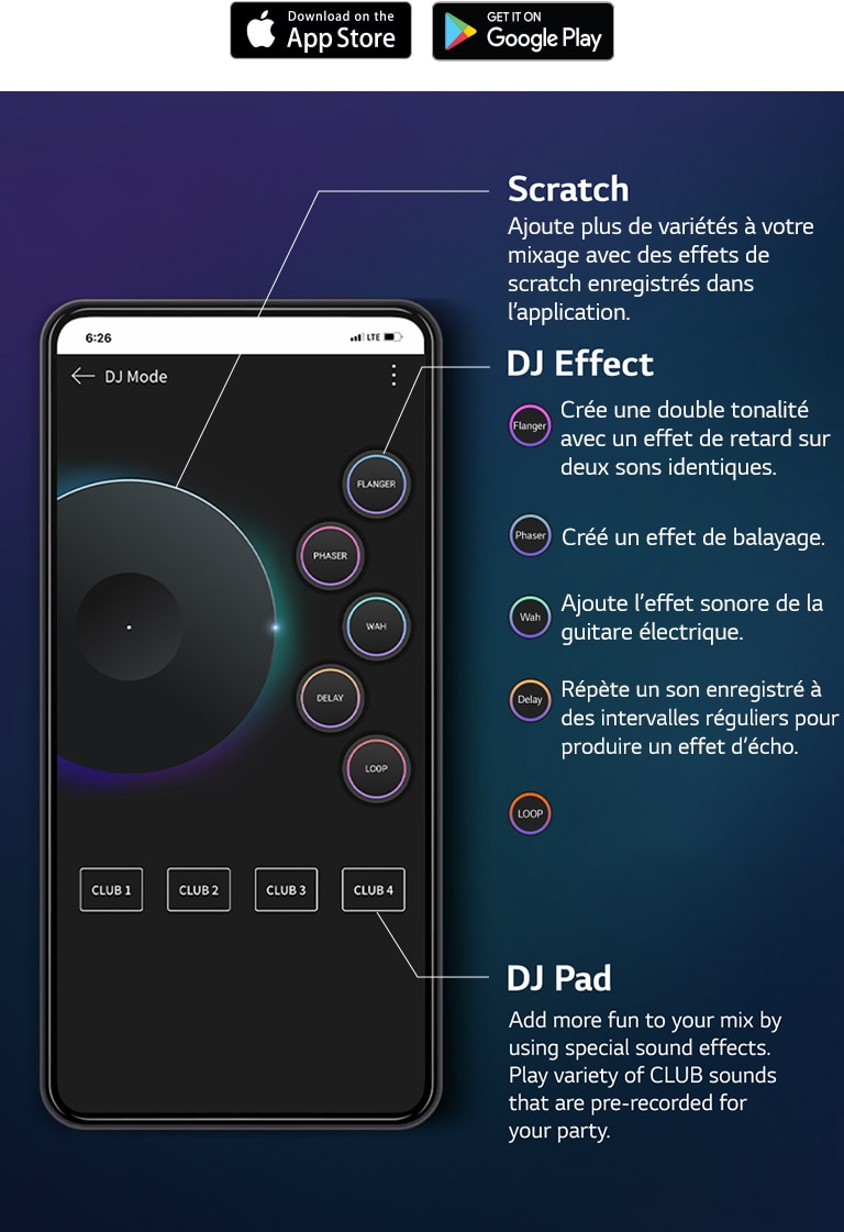 Pour expliquer le son émis par l’appareil comme s’il s’agissait d’un DJ via l’application XBOOM, l’image de la main tenant le téléphone avec l’écran de l’application DJ allumé et les fonctions énumérées à c?té.