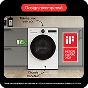 Machine à laver LG blanche avec design récompensé, mise en évidence par un cadre rouge sur fond gris