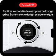 Un gros plan sur le panneau de commande d'une machine à laver moderne, dominé par un écran LCD central et une molette rotative ergonomique.