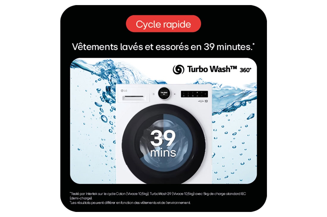 Lave-linge LG blanc avec TurboWash 360°, affichant "39 mins"