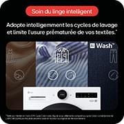 Publicité pour une machine à laver LG avec AI Wash, mettant en avant l’adaptation intelligente aux différents types de textiles.