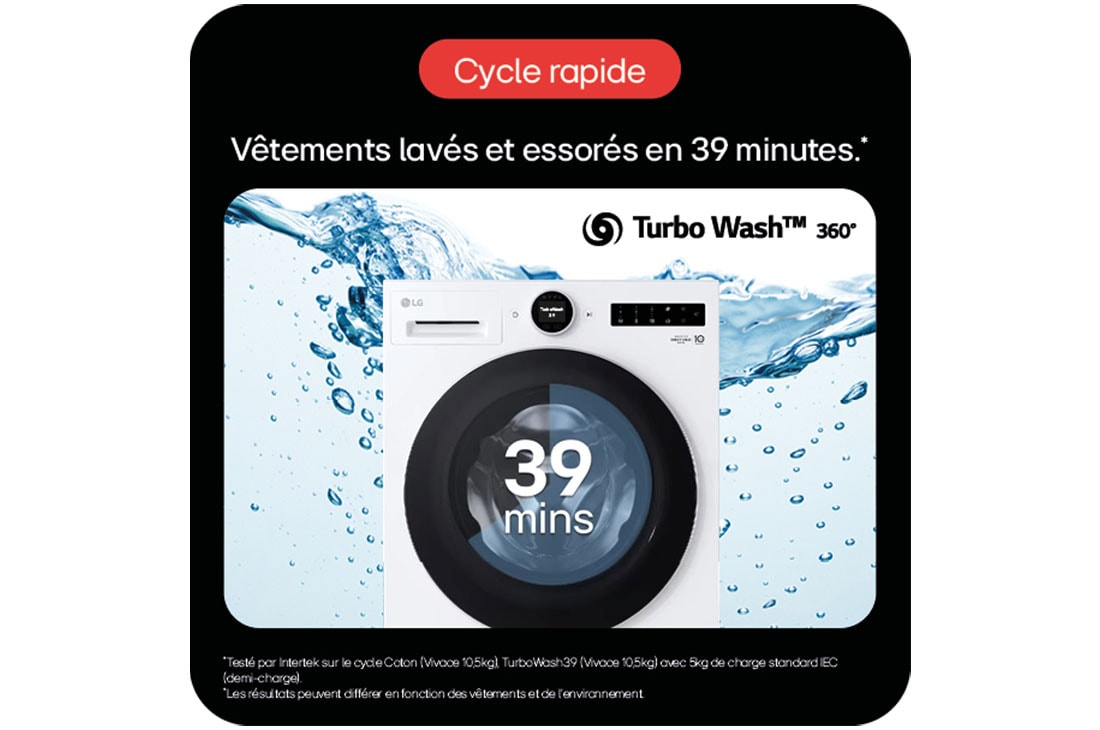 Publicité LG pour une lave-linge Turbo Wash? 360°, mettant en avant un cycle rapide de lavage et d’essorage en 39 minutes.