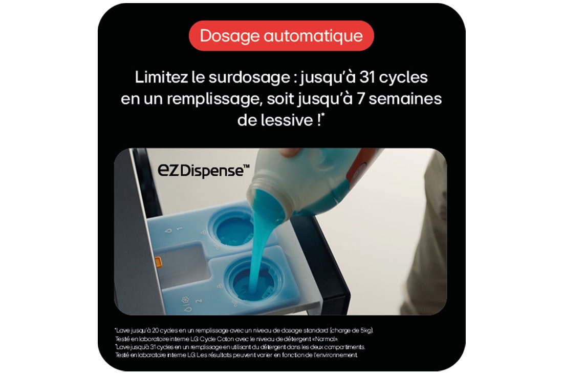 Système de dosage automatique EZDispense? pour machine à laver, limitant le surdosage jusqu'à 31 cycles ou 7 semaines de lessive.
