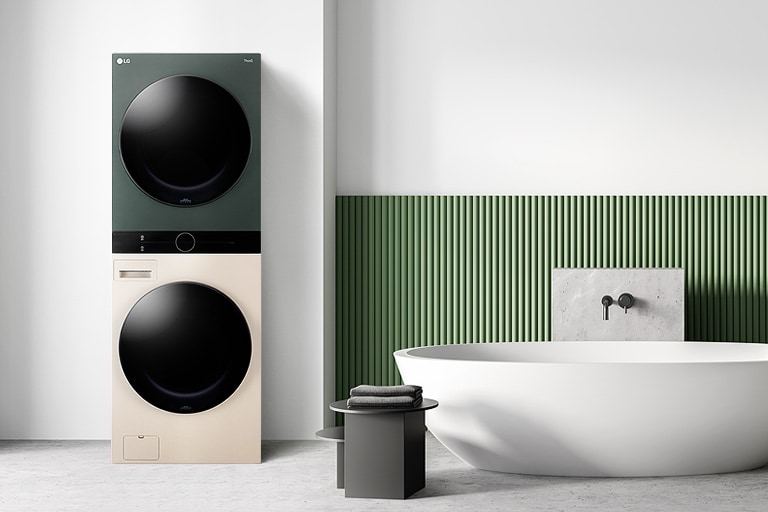 La LG WashTower? Compact installée dans la salle de bain est en harmonie avec l’intérieur de la pièce.