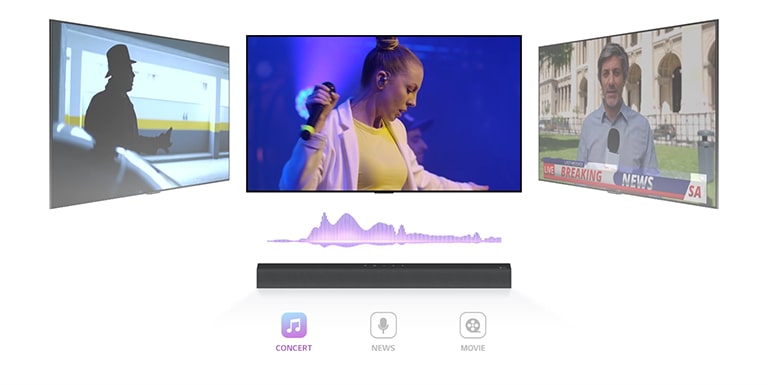 La télévision diffuse un concert, la cha?ne passe à un bulletin d’informations et un présentateur parle, puis la cha?ne passe à nouveau à une scène de film. La barre de son LG se trouve juste en dessous du téléviseur dans l’espace infini. Reproduisez la vidéo.