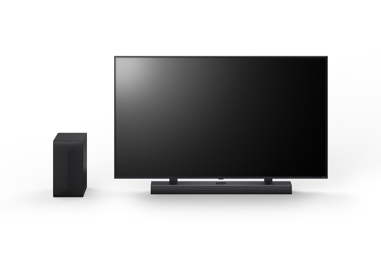 Vue avant de la LG QNED 165?cm, de la LG Soundbar S70TY et du caisson de basse