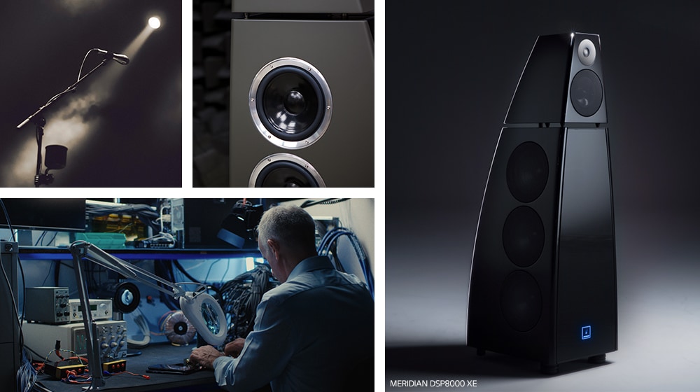 Collage. Dans le sens horaire à partir du haut à gauche?: un microphone sur pied avec projecteur, un gros plan sur Meridian, un haut-parleur Meridian noir et le bureau de R