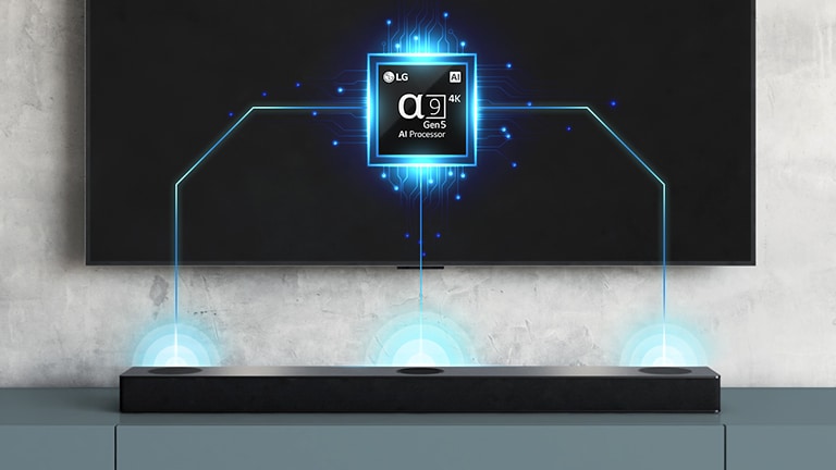 On peut voir l’image d’une puce Alpha?9 sur le panneau arrière du téléviseur et une barre de son juste en dessous. On peut aussi voir des effets d’ondes sonores sortant de la barre de son.