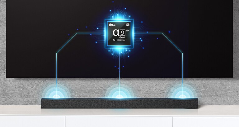 On peut voir l’image d’une puce Alpha?9 sur le téléviseur et une barre de son juste en dessous. On peut aussi voir des effets d'ondes sonores sortant de la barre de son.