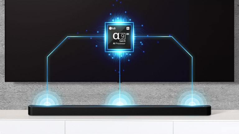 On peut voir l’image d’une puce Alpha?9 sur le téléviseur et une barre de son juste en dessous. On peut aussi voir des effets Soundwave sortant de la barre de son.