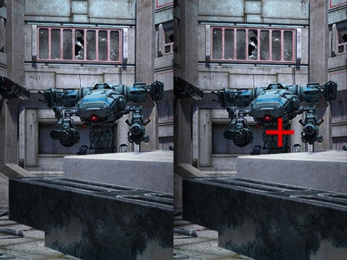 Comparaison du Crosshair - L’image de gauche présente le Crosshair ??désactivé?? et l’image de droite le Crosshair ??activé??