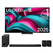 Front view of LG OLED evo AI C5 4K Smart TV. 12 Years of world number 1 OLED emblem and LG OLED evo AI 2025 logo are on the screen.