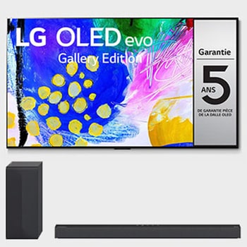 Vue de face du TV LG OLED evo, série G2 et de la barre de son LG S65Q