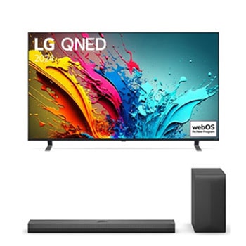 Vue de face du TV LG QNED, série QNED85 avec le texte LG QNED, 2024 et le logo webOS Re:New Program à l’écran.