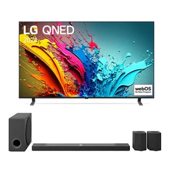 Vue de face du TV LG QNED, série QNED85 avec le texte LG QNED, 2024 et le logo webOS Re:New Program à l’écran.