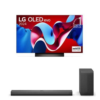 Vue de face avec la TV OLED evo LG, OLED C4, emblème OLED numéro 1 dans le monde pendant 11?ans et logo du programme webOS Re:New à l’écran.