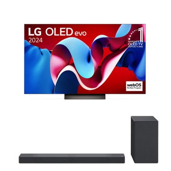 Vue de face avec la TV OLED evo LG, OLED C4, logo de l’emblème OLED numéro 1 dans le monde pendant 11?ans et logo du programme webOS Re:New à l’écran, ainsi que de la barre de son dessous