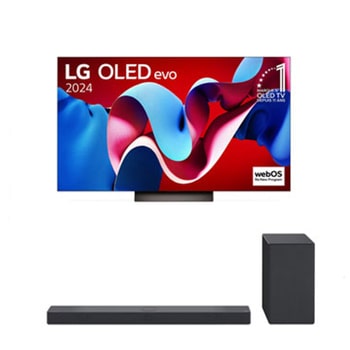 Vue de face avec la TV OLED evo LG, OLED C4, logo de l’emblème OLED numéro 1 dans le monde pendant 11?ans et logo du programme webOS Re:New à l’écran, ainsi que de la barre de son dessous