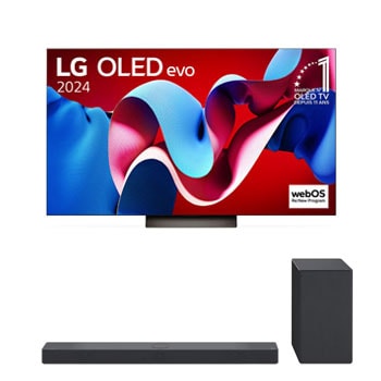 Vue de face avec la TV OLED evo LG, OLED C4, logo de l’emblème OLED numéro 1 dans le monde pendant 11?ans et logo du programme webOS Re:New à l’écran, ainsi que de la barre de son dessous