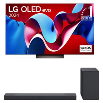 Vue de face avec la TV OLED evo LG, OLED C4, logo de l’emblème OLED numéro 1 dans le monde pendant 11?ans et logo du programme webOS Re:New à l’écran, ainsi que de la barre de son dessous