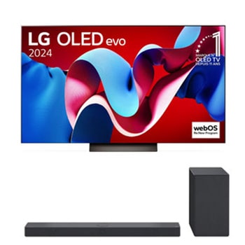 Vue de face avec la TV OLED evo LG, OLED C4, logo de l’emblème OLED numéro 1 dans le monde pendant 11?ans et logo du programme webOS Re:New à l’écran, ainsi que de la barre de son dessous