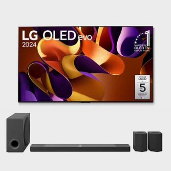 Vue de face avec la TV OLED evo LG, OLED G4, emblème OLED numéro 1 dans le monde pendant 11?ans et logo de la garantie de panneau de 5?ans à l’écran, ainsi que de la barre de son dessous