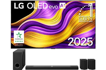 Front view of LG OLED evo AI G5 4K Smart TV. 12 Years of world number 1 OLED emblem and LG OLED evo AI 2025 logo are on the screen.