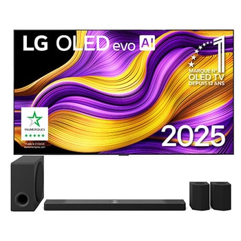 Front view of LG OLED evo AI G5 4K Smart TV. 12 Years of world number 1 OLED emblem and LG OLED evo AI 2025 logo are on the screen.