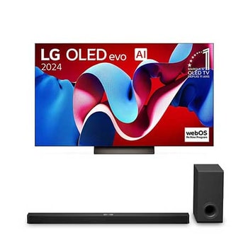 Vue de face avec la TV OLED evo LG, OLED C4, logo de l’emblème OLED numéro 1 dans le monde pendant 11?ans et logo du programme webOS Re:New à l’écran, ainsi que de la barre de son dessous