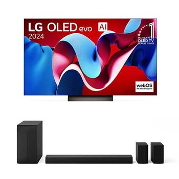 Vue de face avec la TV OLED evo LG, OLED C4, logo de l’emblème OLED numéro 1 dans le monde pendant 11?ans et logo du programme webOS Re:New à l’écran, ainsi que de la barre de son dessous