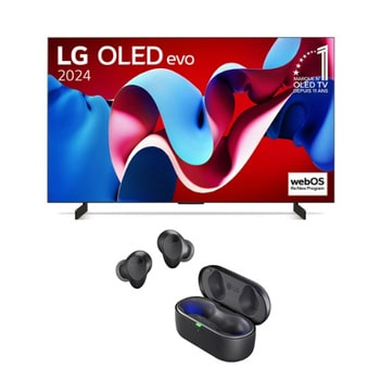 Vue de face avec la TV OLED evo LG, OLED C4, emblème OLED numéro 1 dans le monde pendant 11?ans et logo du programme webOS Re:New à l’écran.