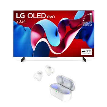 Vue de face avec la TV OLED evo LG, OLED C4, emblème OLED numéro 1 dans le monde pendant 11?ans et logo du programme webOS Re:New à l’écran.