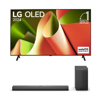 Vue de face avec la TV OLED evo LG, OLED B4, logo de l’emblème OLED numéro 1 dans le monde pendant 11?ans et logo du programme webOS Re:New à l’écran, ainsi que de la barre de son dessous