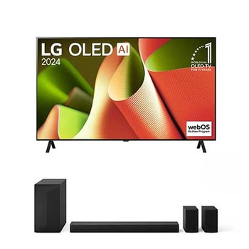 Vue de face avec LG OLED B4, OLED65B46LA, numéro 1 OLED au monde depuis 11 ans et programme webOS Re:New à l'écran, avec barre de son en dessous.