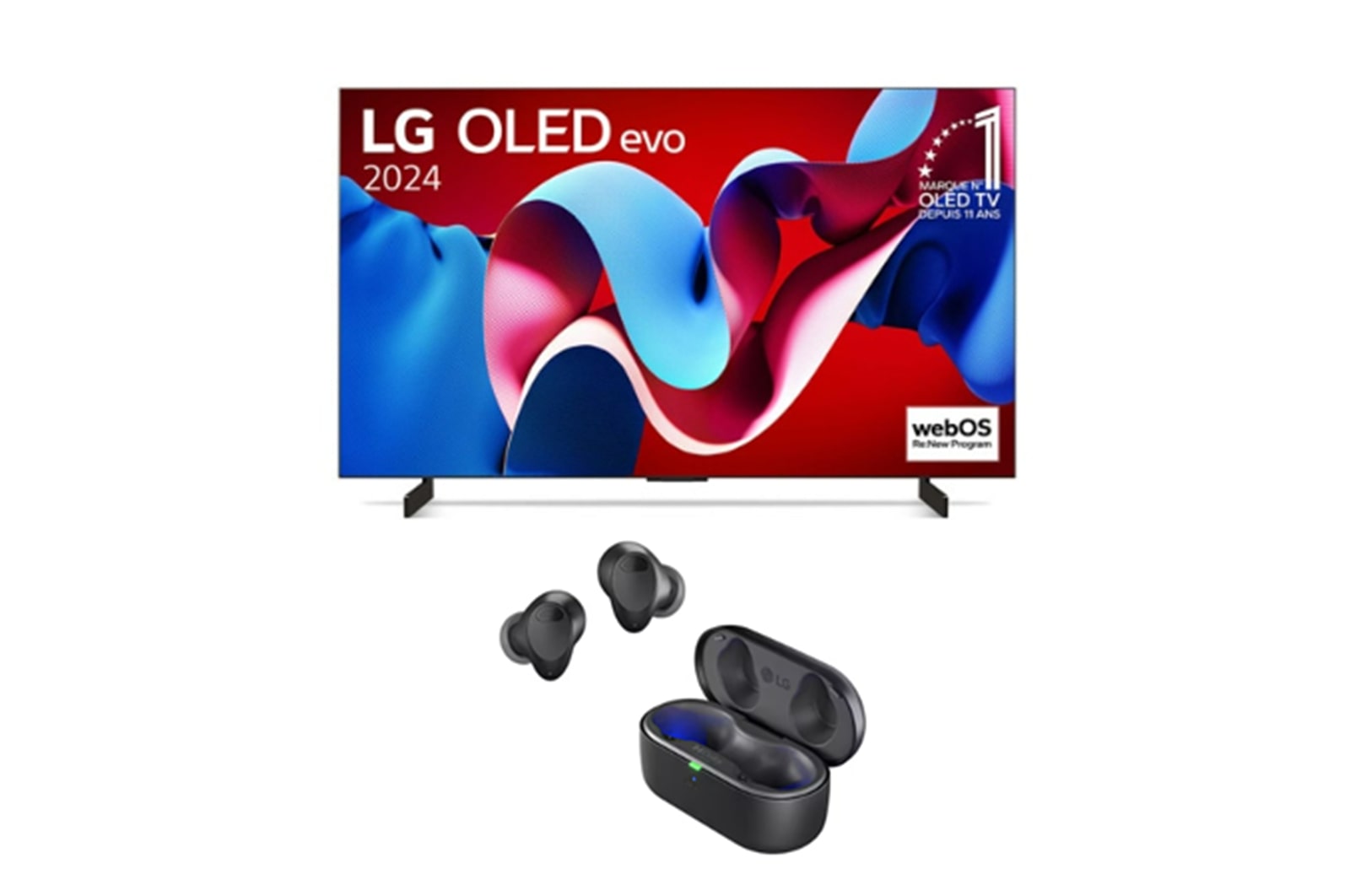 Vue de face avec la TV OLED evo LG, OLED C4, emblème OLED numéro 1 dans le monde pendant 11?ans et logo du programme webOS Re:New à l’écran.