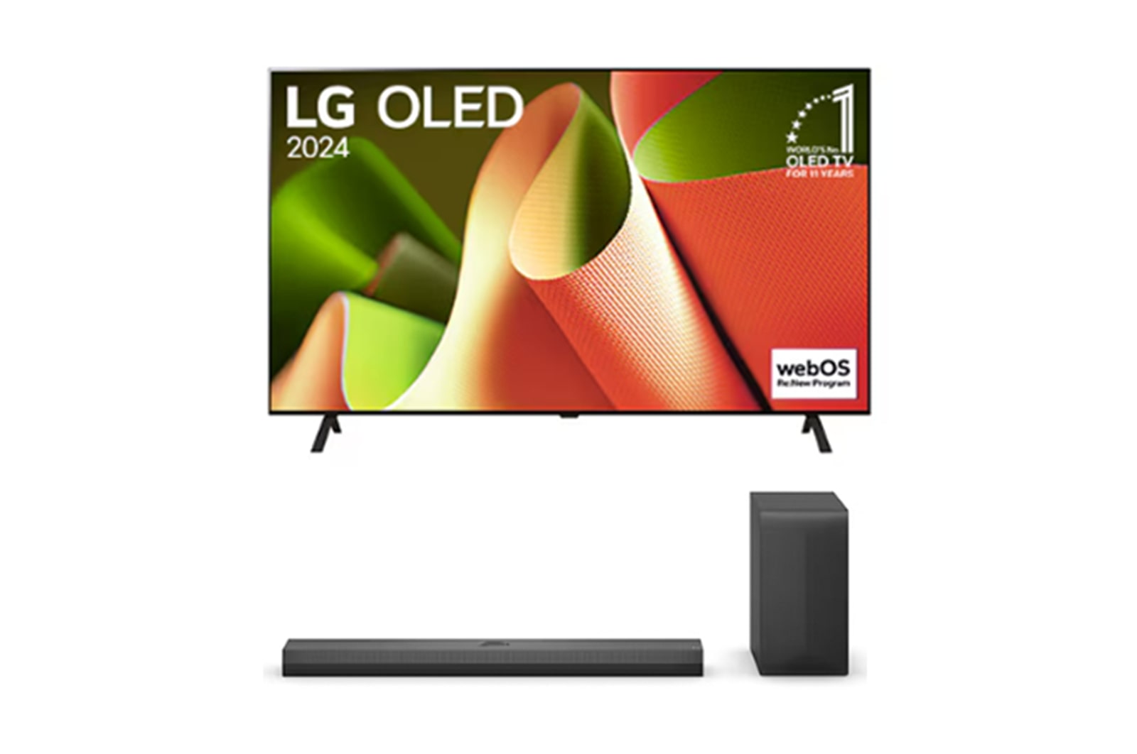 Vue de face avec la TV OLED evo LG, OLED B4, logo de l’emblème OLED numéro 1 dans le monde pendant 11?ans et logo du programme webOS Re:New à l’écran, ainsi que de la barre de son dessous