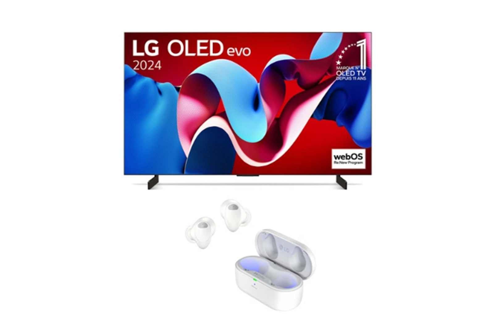 Vue de face avec la TV OLED evo LG, OLED C4, emblème OLED numéro 1 dans le monde pendant 11?ans et logo du programme webOS Re:New à l’écran.