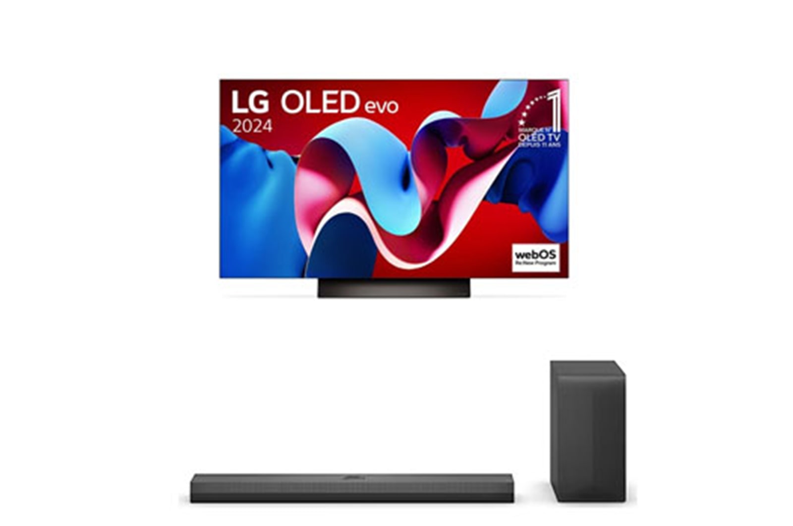 Vue de face avec la TV OLED evo LG, OLED C4, emblème OLED numéro 1 dans le monde pendant 11?ans et logo du programme webOS Re:New à l’écran.