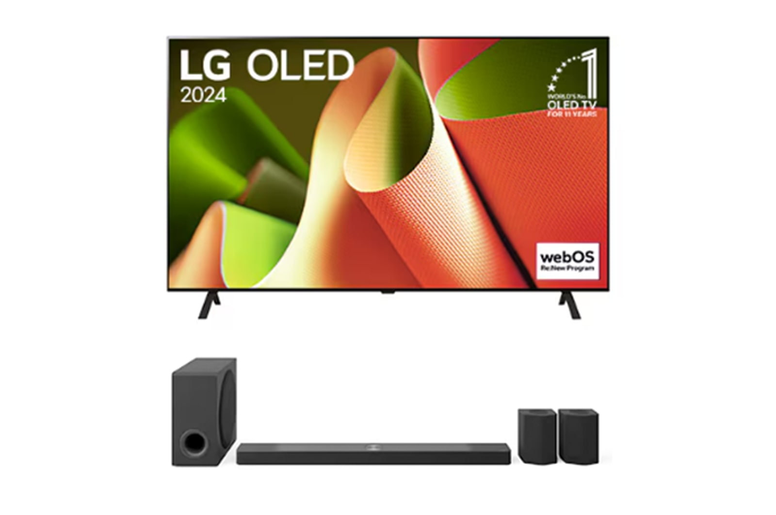 Vue de face avec la TV OLED evo LG, OLED C4, logo de l’emblème OLED numéro 1 dans le monde pendant 11?ans et logo du programme webOS Re:New à l’écran, ainsi que de la barre de son dessous