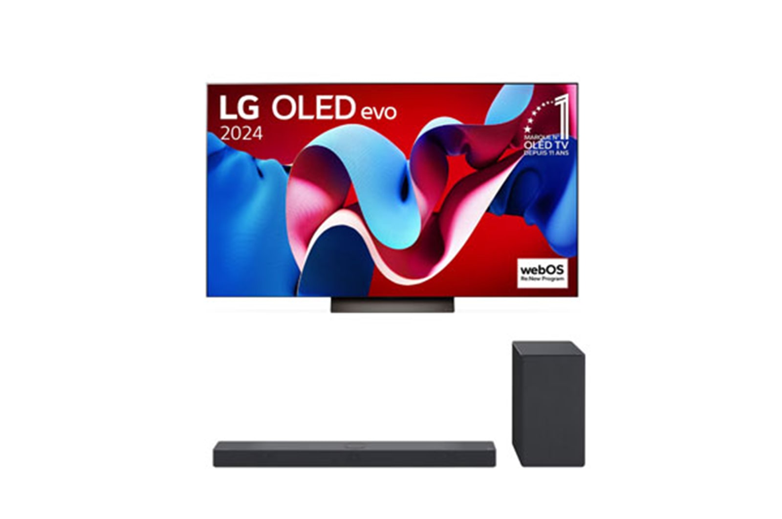 Vue de face avec la TV OLED evo LG, OLED C4, logo de l’emblème OLED numéro 1 dans le monde pendant 11?ans et logo du programme webOS Re:New à l’écran, ainsi que de la barre de son dessous