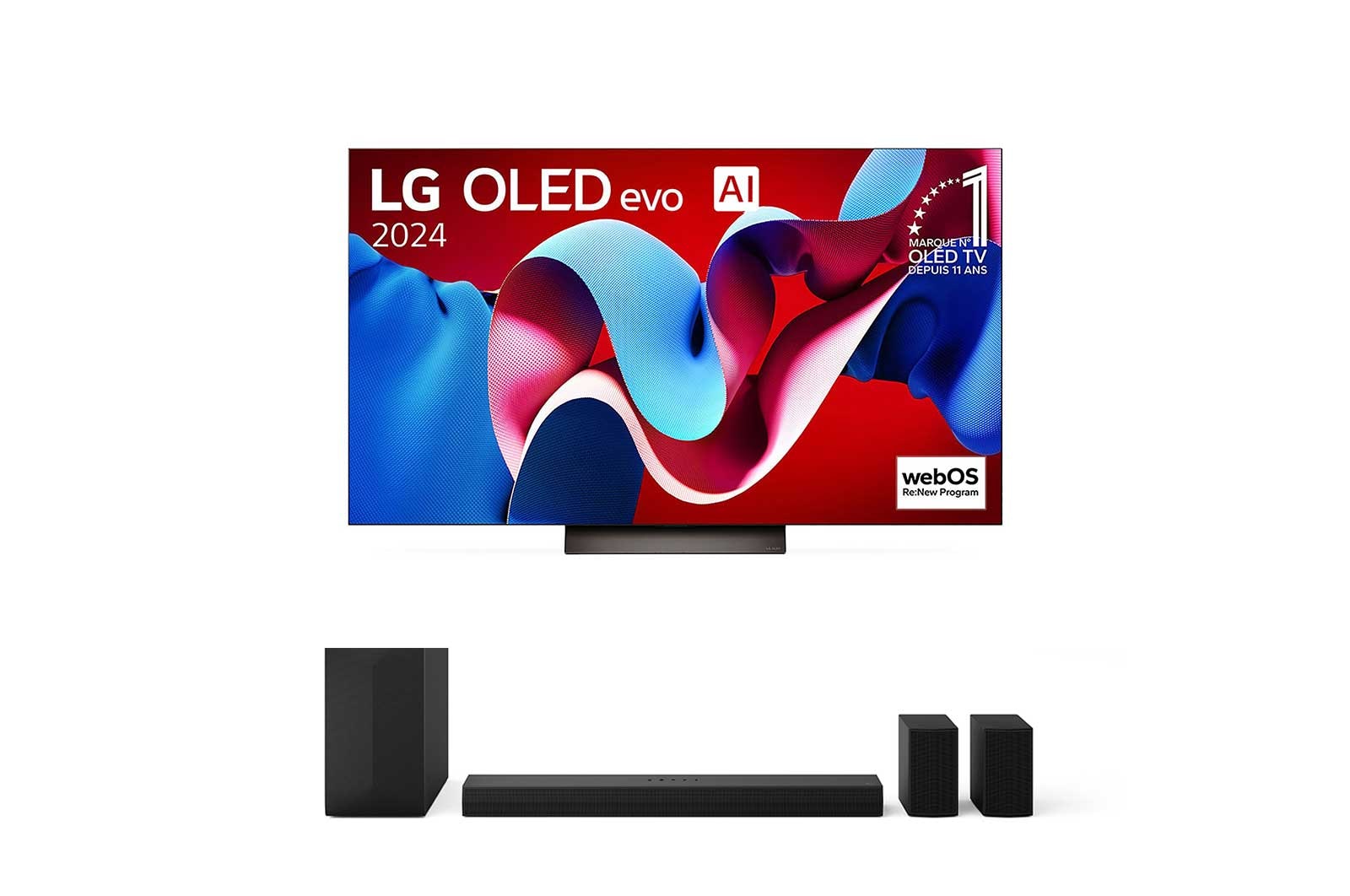 Vue de face de la TV OLED evo LG, OLED C4, logo de l’emblème OLED numéro 1 dans le monde pendant 11?ans et logo du programme webOS Re:New à l’écran.