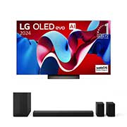 Vue de face de la TV OLED evo LG, OLED C4, logo de l’emblème OLED numéro 1 dans le monde pendant 11?ans et logo du programme webOS Re:New à l’écran.
